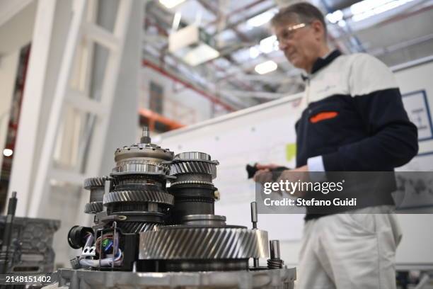 Workers at work inside of the new Hybrid and PHEV Vehicles Stellantis Group eDCT Assembly Plant on April 10, 2024 in Turin, Italy. The new Hybrid and...