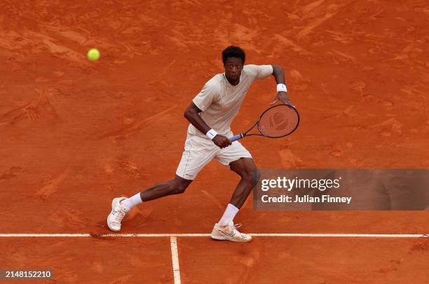 Gael Monfils of France in action against Daniil Medvedev during the Men's Singles Second Round match on day four of the Rolex Monte-Carlo Masters at...