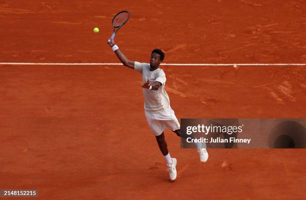 Gael Monfils of France in action against Daniil Medvedev during the Men's Singles Second Round match on day four of the Rolex Monte-Carlo Masters at...