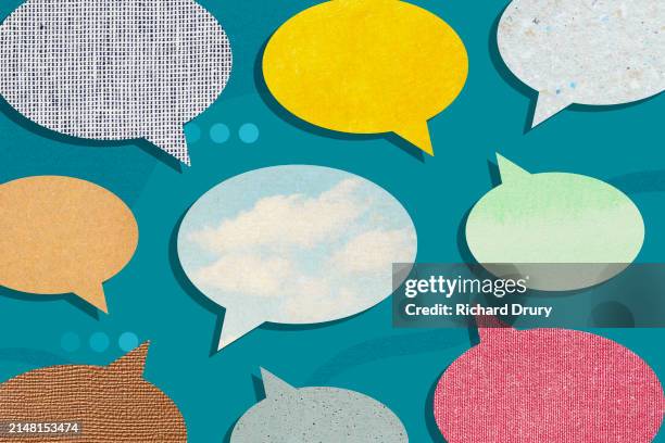several speech bubbles with information inside - kommunikation bildbanksfoton och bilder