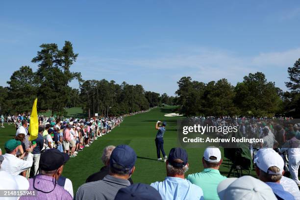 Nicolai Højgaard of Denmark plays his shot from the eighth tee during a practice round prior to the 2024 Masters Tournament at Augusta National Golf...