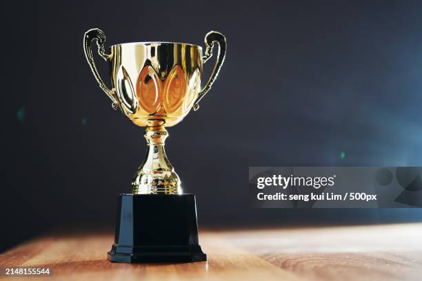 close-up of trophy on table against wall - championship stock pictures, royalty-free photos & images