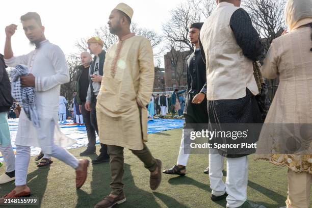 Hundreds of area Muslims participate in Eid al-Fitr in Brooklyn's Prospect Park on April 10, 2024 in New York City. The traditional prayer marks the...