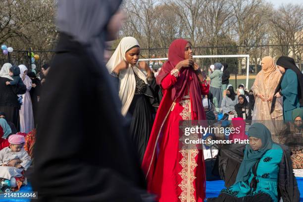 Hundreds of area Muslims participate in Eid al-Fitr in Brooklyn's Prospect Park on April 10, 2024 in New York City. The traditional prayer marks the...