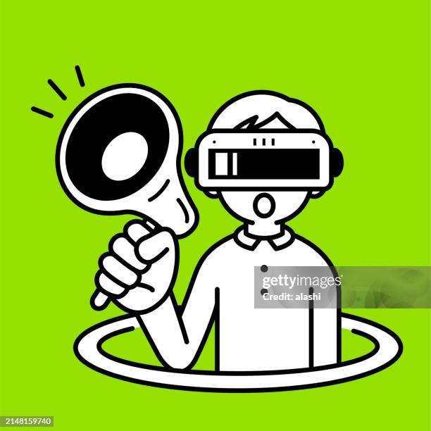 a boy wearing a virtual reality headset or vr glasses pops out of a virtual hole and into the metaverse, talking through a megaphone, minimalist style, black and white outline - virtual q and a stock illustrations
