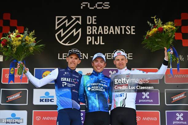Dylan Teuns of Belgium and Team Israel - Premier Tech on second place, race winner Benoit Cosnefroy of France and Decathlon AG2R La Mondiale Team and...