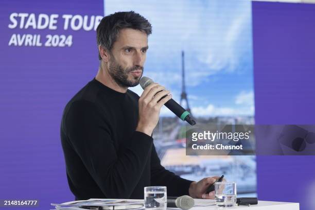 French President of the Paris 2024 Olympics and Paralympics Organizing Committee Tony Estanguet delivers a speech during a press conference three...