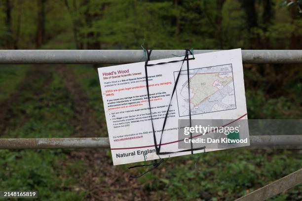 Sign relating to the SSSI at Hoads Wood, the scene of Illegally dumped commercial waste on April 09, 2024 in Ashford, Kent. Hoads wood in Kent is a...