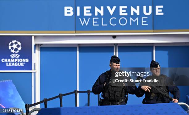 Members of the Republican Security Corps are seen patrolling outside the stadium prior to the UEFA Champions League quarter-final first leg match...