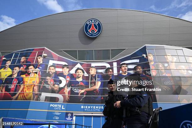 Members of the Republican Security Corps are seen patrolling outside the stadium prior to the UEFA Champions League quarter-final first leg match...