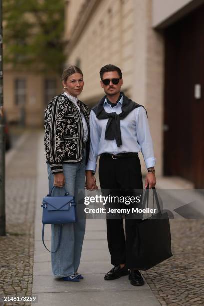 Aline Kaplan seen wearing gold heart shaped earrings, Sézane black / white flower embroidered jacket, Mango white cotton blouse, Citizen Of Humanity...