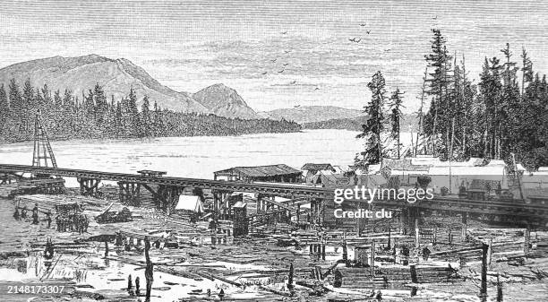 bridge crossing the clark fork river - clark bridge stock illustrations