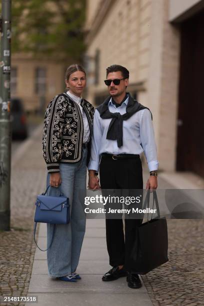 Aline Kaplan seen wearing gold heart shaped earrings, Sézane black / white flower embroidered jacket, Mango white cotton blouse, Citizen Of Humanity...