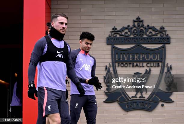Alexis Mac Allister and Luis Diaz of Liverpool during the UEFA Europa League 2023/24 quarter-final first leg training and press conference at AXA...