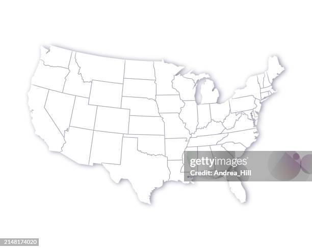 ilustraciones, imágenes clip art, dibujos animados e iconos de stock de mapa de estados unidos con fronteras de estados individuales en un mapa vectorial de sombra paralela suave - sombra paralela