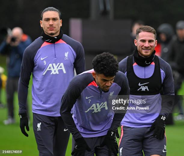 Darwin Nunez, Alexis Mac Allister and Luis Diaz of Liverpool during the UEFA Europa League 2023/24 quarter-final first leg training and press...