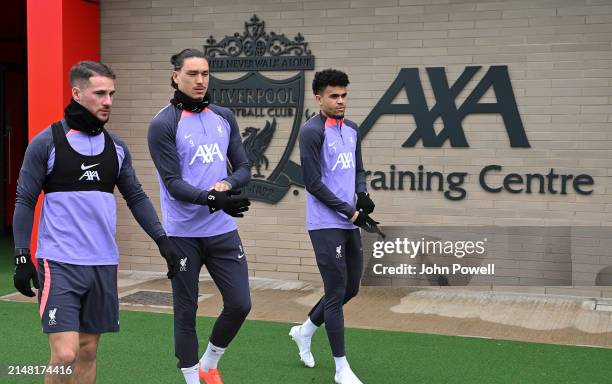 Alexis Mac Allister, Darwin Nunez and Luis Diaz of Liverpool during the UEFA Europa League 2023/24 quarter-final first leg training and press...