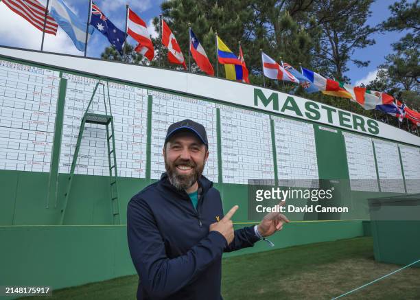 Rick Shiels of England The YouTube golf personality poses for a photograph beside the main scoreboard during a practice round prior to the 2024...