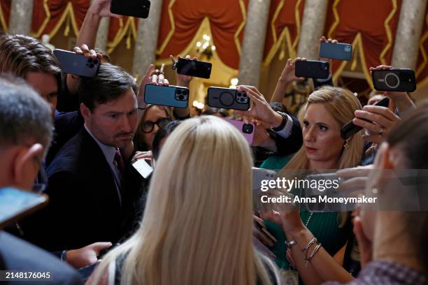 Rep. Marjorie Taylor Greene speaks to reporters in Statuary Hall at the U.S. Capitol Building on April 10, 2024 in Washington, DC. Greene spoke to...