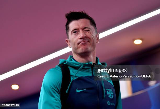 Robert Lewandowski of FC Barcelona arrives at the stadium prior to the UEFA Champions League quarter-final first leg match between Paris...