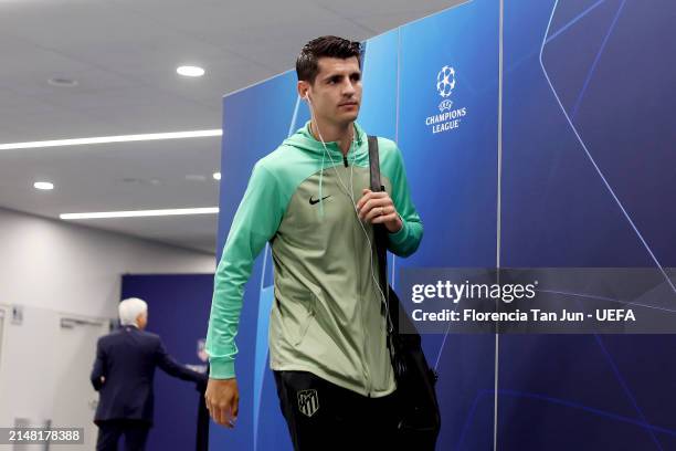 Alvaro Morata of Atletico Madrid arrives at the stadium prior to the UEFA Champions League quarter-final first leg match between Atletico Madrid and...