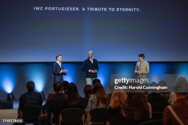 Professor Brian Cox, IWC Schaffhausen CEO Chris Grainger-Herr and Chief Design Officer Christian Knoop at the IWC Schaffhausen keynote at Watches and...