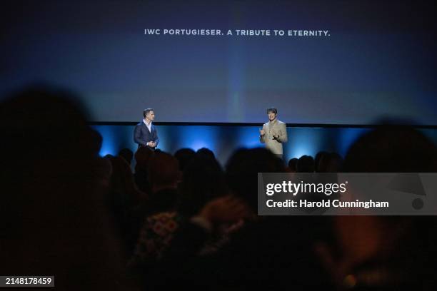 Professor Brian Cox and IWC Schaffhausen CEO Chris Grainger-Herr at the IWC Schaffhausen keynote at Watches and Wonders Geneva on April 10, 2024 in...