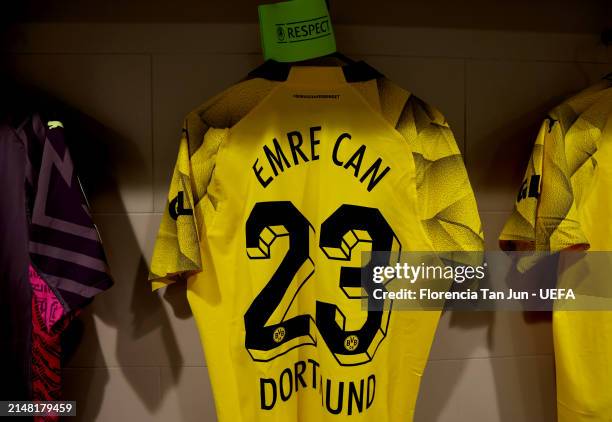 The shirt of Emre Can of Borussia Dortmund is displayed beside the captain's armband inside the Borussia Dortmund dressing room prior to the UEFA...