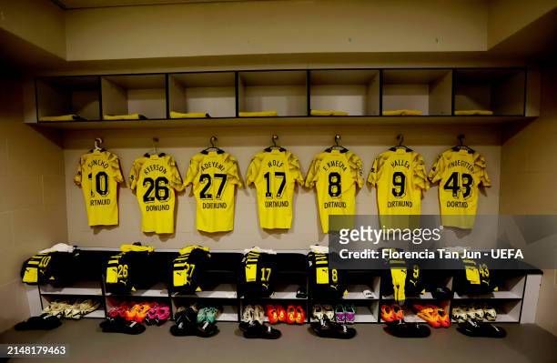 General view inside the Borussia Dortmund dressing room prior to the UEFA Champions League quarter-final first leg match between Atletico Madrid and...