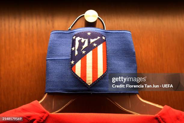 The captains armband belonging to Koke of Atletico Madrid is pictured inside the dressing room prior to the UEFA Champions League quarter-final first...