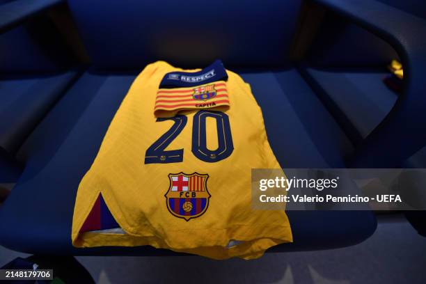 The shorts of Sergi Roberto and his captain's armband is seen inside the FC Barcelona dressing room prior to the UEFA Champions League quarter-final...
