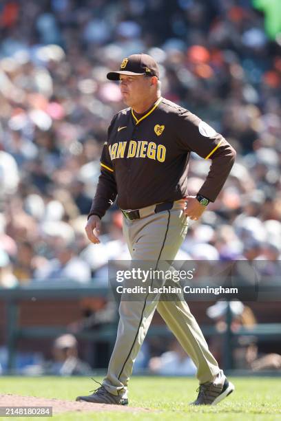 Manager Mike Shildt of the San Diego Padres walks to the pitcher's mound during the game against the San Francisco Giants at Oracle Park on April 07,...