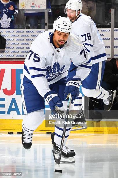 Ryan Reeves of the Toronto Maple Leafs skates during warm up prior to the game against the New Jersey Devils at the Prudential Center on April 9,...