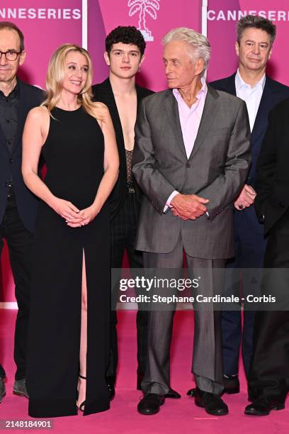 Ludivine Sagnier, Noah Jupe, Michael Douglas and Thibault de Montalembert attend the Pink Carpet on Day Six of the 7th Canneseries International...