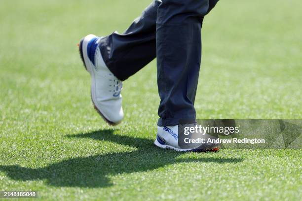 Nick Faldo of England shoes are seen on the second hole during the Par Three Contest prior to the 2024 Masters Tournament at Augusta National Golf...