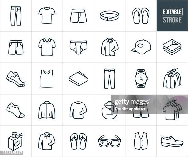 men's casual clothing thin line icons - editable stroke - menswear stock illustrations