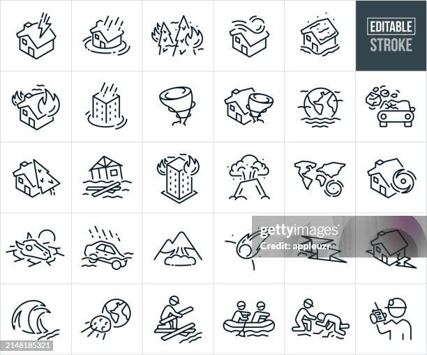 ilustraciones, imágenes clip art, dibujos animados e iconos de stock de iconos de líneas finas de desastres - trazo editable - fenómeno natural