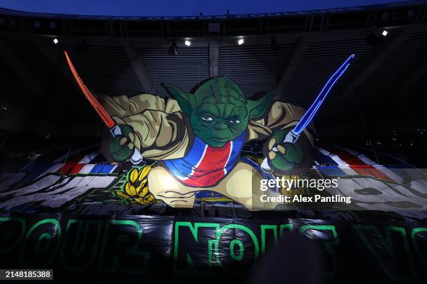 Yoda Tifo is pictured in the stands prior to the UEFA Champions League quarter-final first leg match between Paris Saint-Germain and FC Barcelona at...