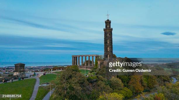 aerial view of calton hill, edinburgh sunset aerial view, gothic revival architecture in scotland, view of edinburgh city center from calton hill - old national centre stock pictures, royalty-free photos & images