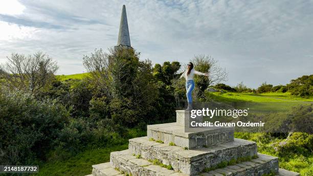 aerial view of the obelisk on killiney hill in wicklow-ireland, killiney obelisk, popular tourist destinations in ireland, people enjoy the view next to the monument on the hill, view hill, the woman watching the view on the pyramids - obelisk stock pictures, royalty-free photos & images