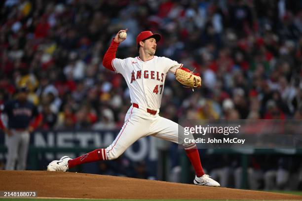 Griffin Canning of the Los Angeles Angels pitches against the Boston Red Sox in a Major League Baseball game at Angel Stadium of Anaheim on April 5,...