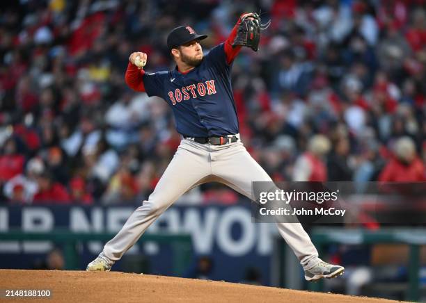 Kutter Crawford of the Boston Red Sox pitches against the Los Angeles Angels in a Major League Baseball game at Angel Stadium of Anaheim on April 5,...