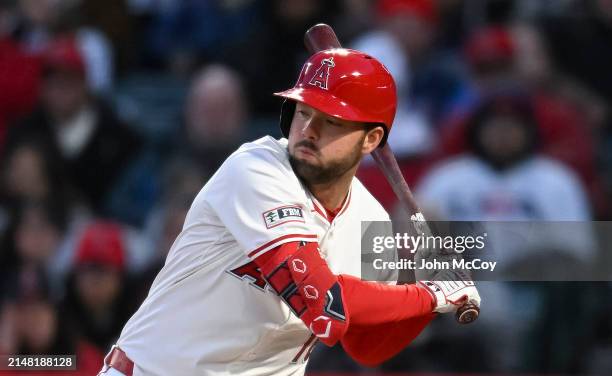 Nolan Schanuel of the Los Angeles Angels uses a custom logo on the knob of his bat while playing the Boston Red Sox in a Major League Baseball game...