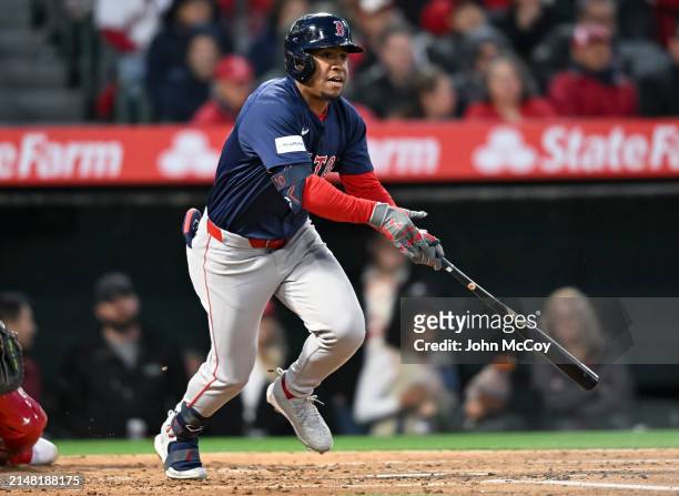 Enmanuel Valdez of the Boston Red Sox bats against the Los Angeles Angels in a Major League Baseball game at Angel Stadium of Anaheim on April 5,...