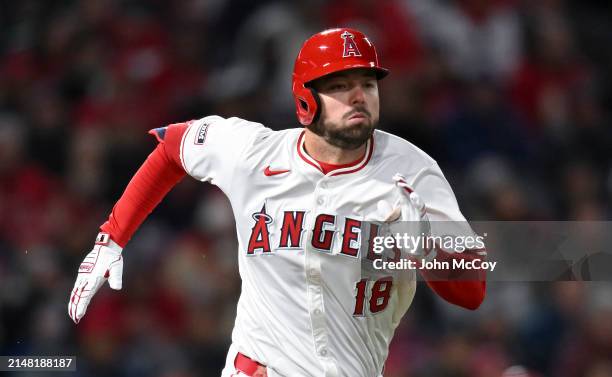 Nolan Schanuel of the Los Angeles Angels runs to first while playing the Boston Red Sox in a Major League Baseball game at Angel Stadium of Anaheim...