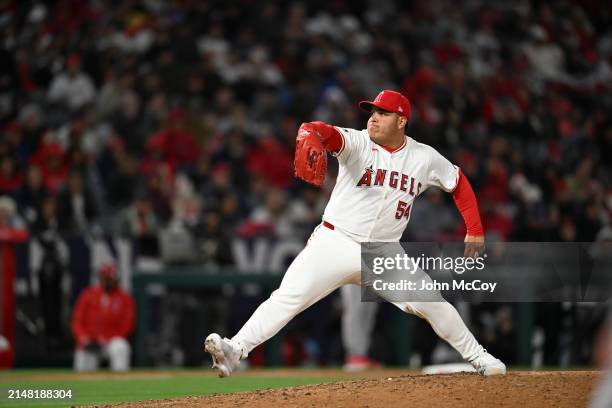 José Suarez of the Los Angeles Angels pitches against the Boston Red Sox in a Major League Baseball game at Angel Stadium of Anaheim on April 5, 2024...