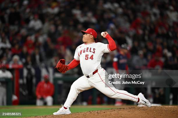 José Suarez of the Los Angeles Angels pitches against the Boston Red Sox in a Major League Baseball game at Angel Stadium of Anaheim on April 5, 2024...