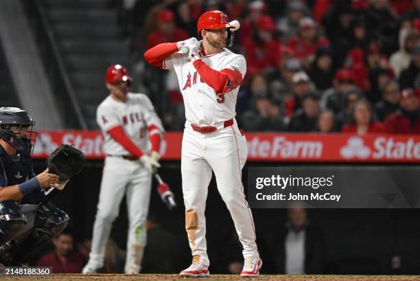 Taylor Ward of the Los Angeles Angels goest to bat against the Boston Red Sox in a Major League Baseball game at Angel Stadium of Anaheim on April 5,...