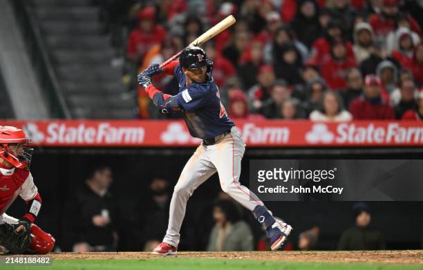 Ceddanne Rafaela of the Boston Red Sox looks on during an at-bat against the Los Angeles Angels in a Major League Baseball game at Angel Stadium of...