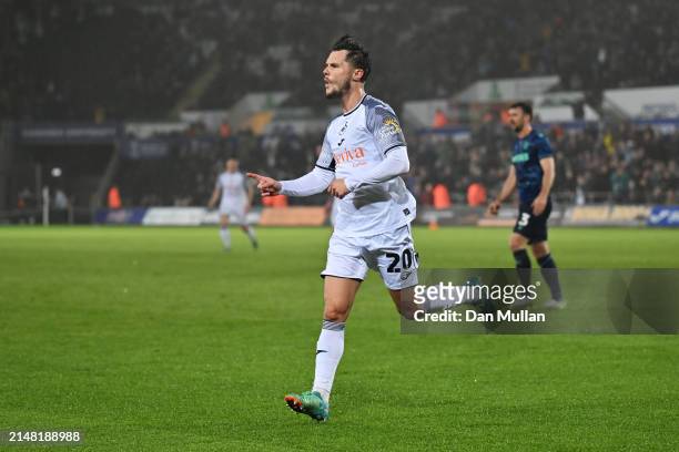 Liam Cullen of Swansea City celebrates scoring his team's first goal during the Sky Bet Championship match between Swansea City and Stoke City at...